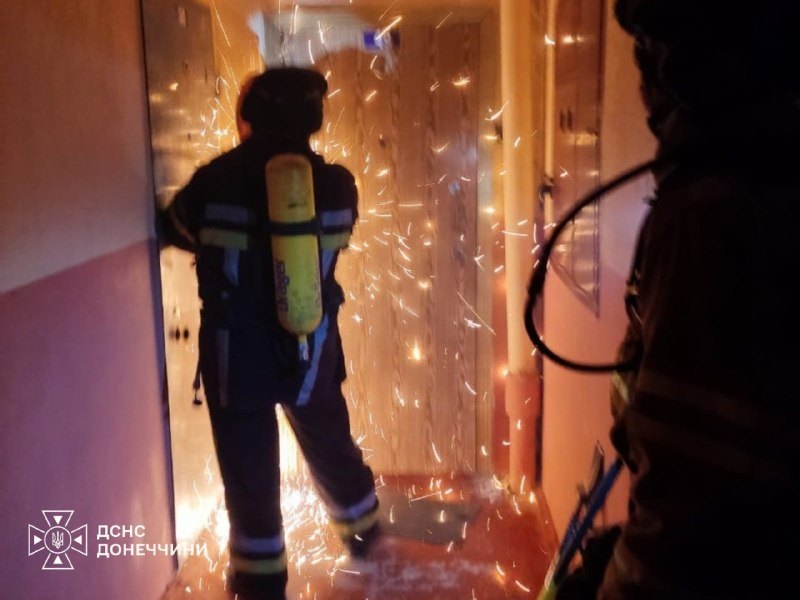 Kramatorsk, 9 Oct: firefighters inside the burning ambulance station