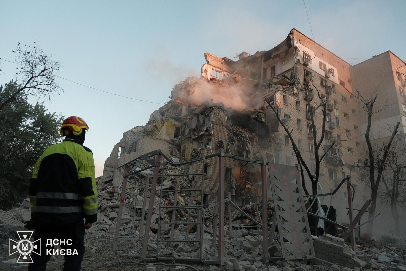 The collapsed section of the apartment block in Darnytskyi district