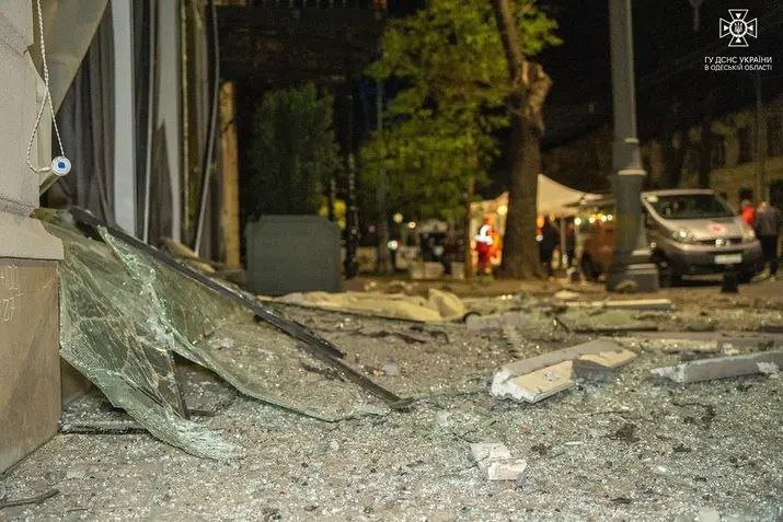 Glass and debris on a street in Odesa's historic centre after the night attack of 5–6 November 2023