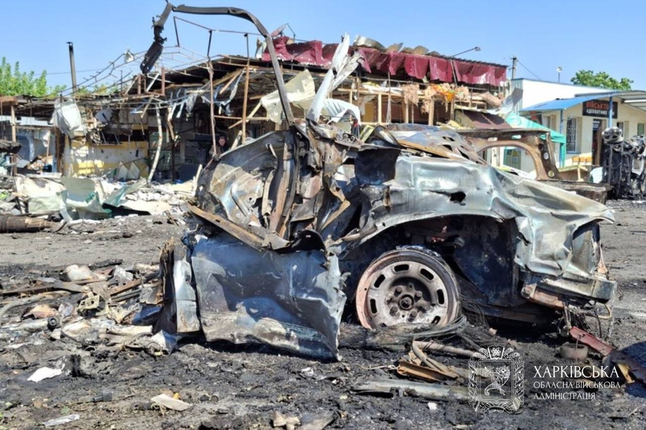 The centre of Pechenihy after the missile strike of 18 August 2026 — regional administration release, frame 2 of 6