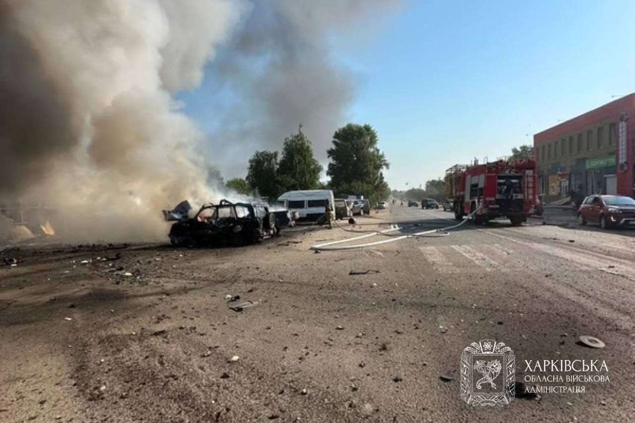 The centre of Pechenihy after the missile strike of 18 August 2026 — regional administration release, frame 5 of 6