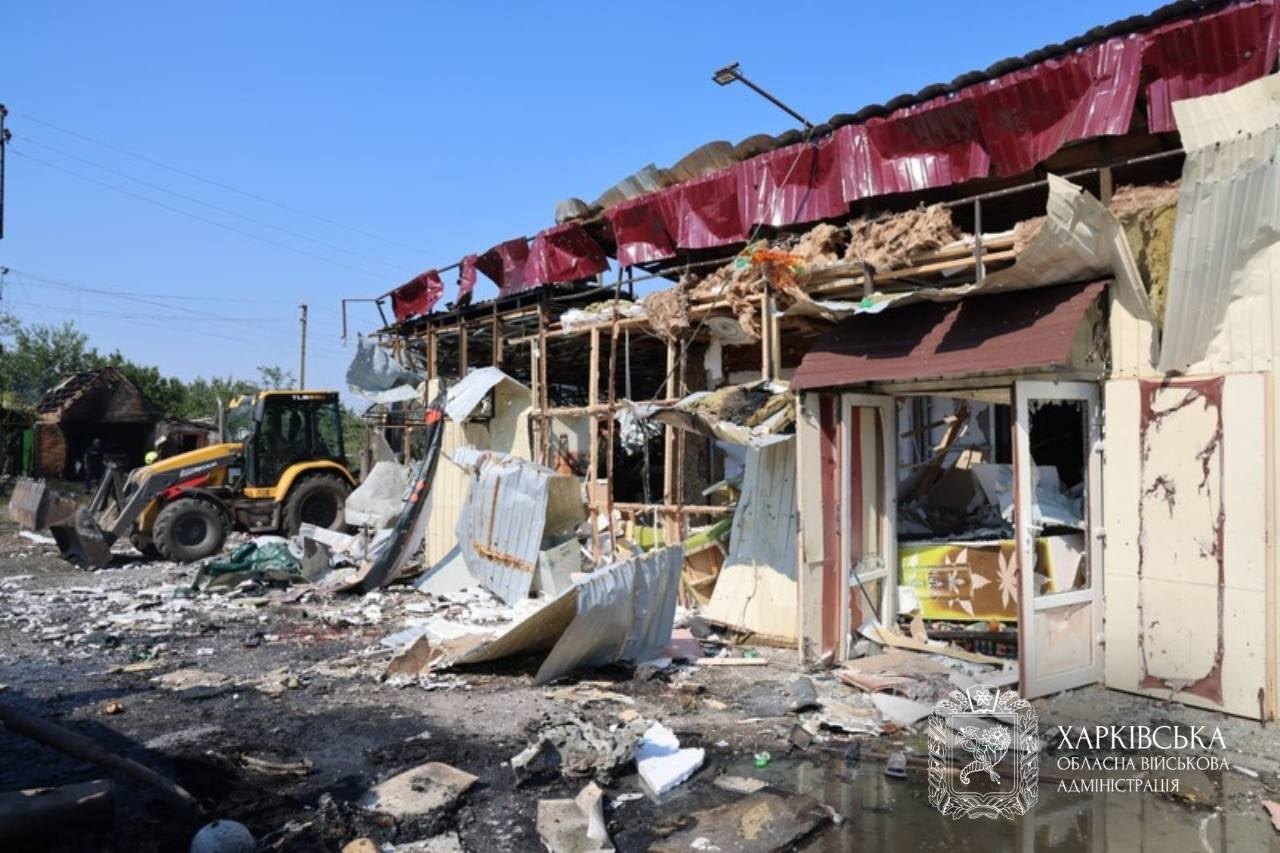 The centre of Pechenihy after the missile strike of 18 August 2026 — regional administration release, frame 6 of 6