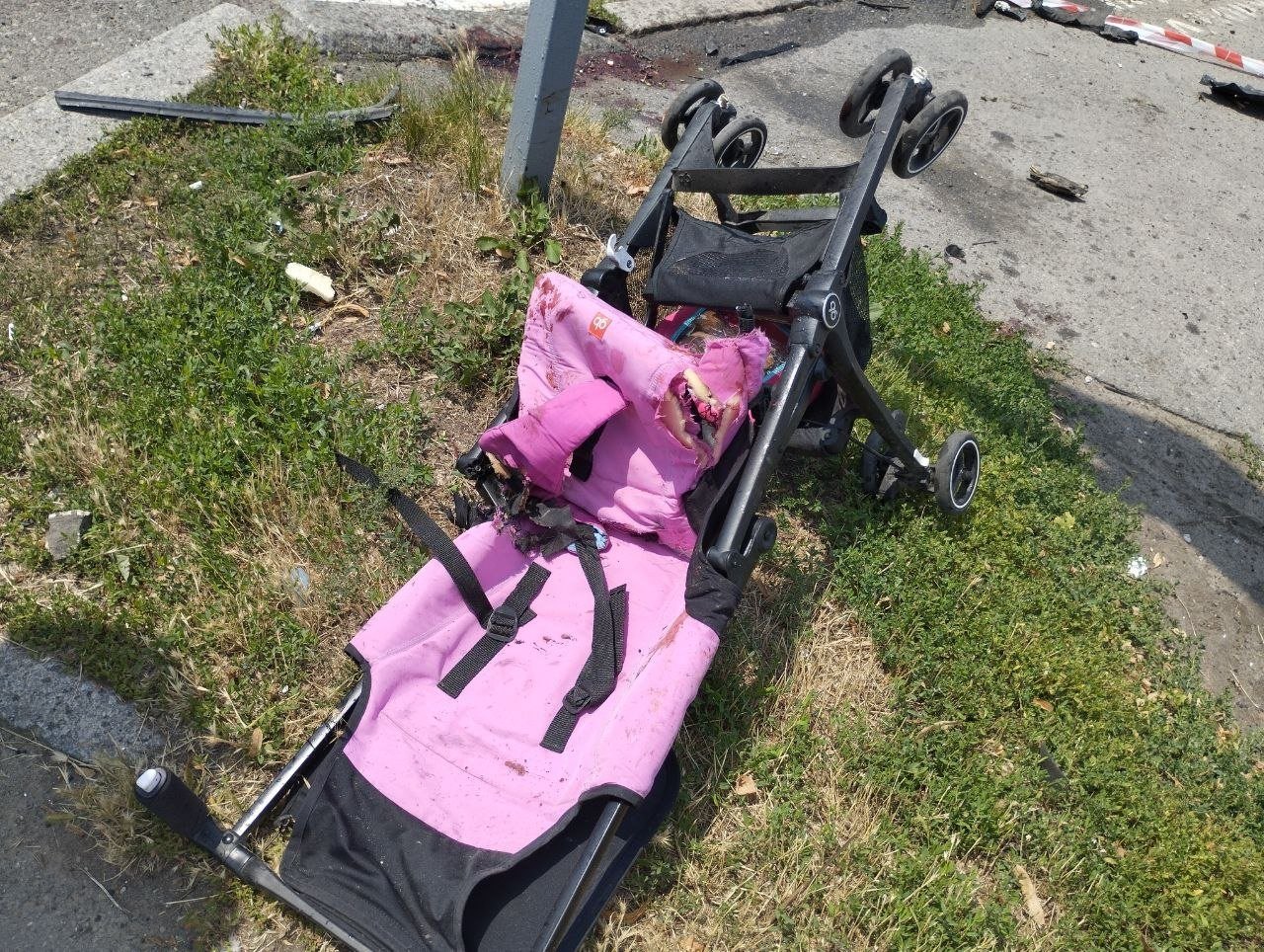 The pink pram of four-year-old Liza Dmytriieva, who was killed